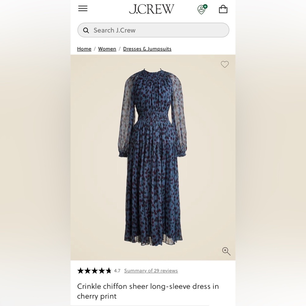 JCrew NWT Crinkle chiffon sheer long-sleeve dress in cherry print - 2x